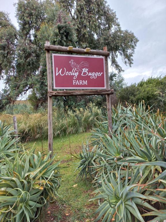 een bord voor een wollyigger boerderij in een tuin bij Woolly Bugger Farm in Tonteldoos