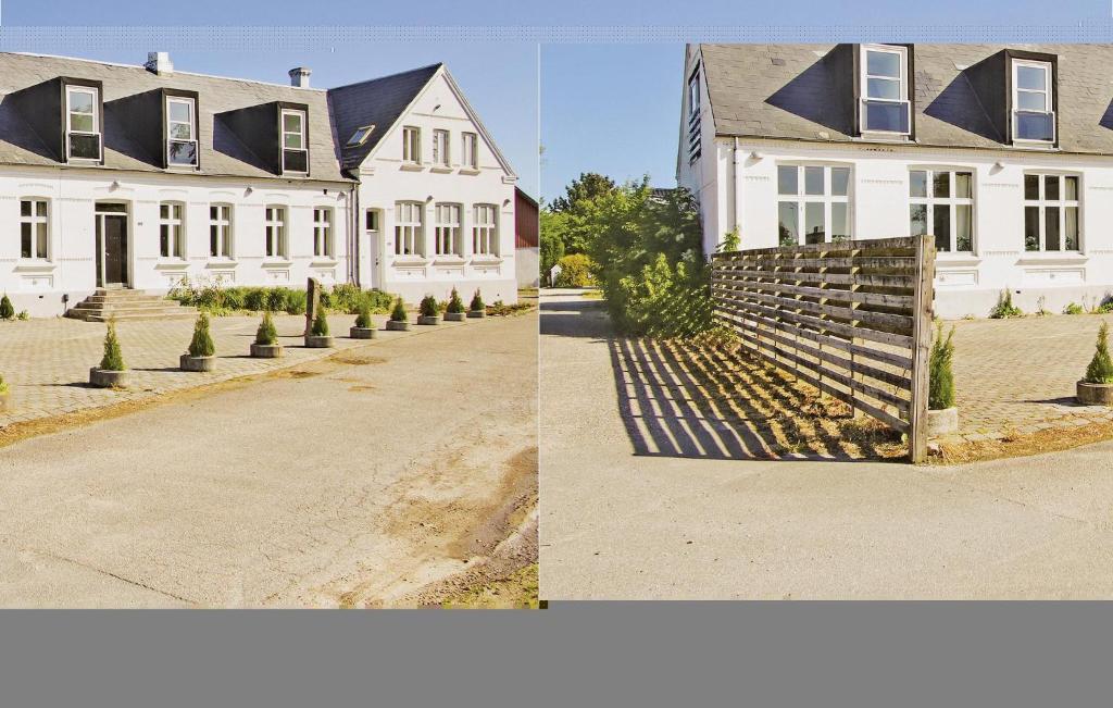 two pictures of a white house with a fence at Lystrup Gamle Skole in Nørager