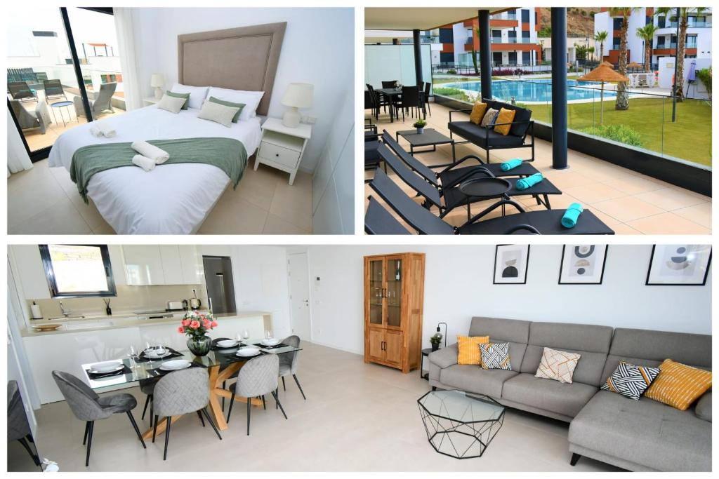 une chambre d'hôtel avec un lit et un salon dans l'établissement Casa Kerr - Luxury Apt - Sleeps 9 - Los Boliches, à Malaga