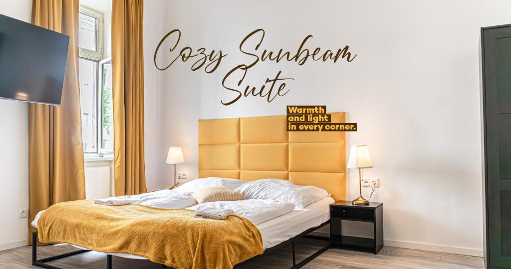 维也纳Inviting 1BR Apt-Near U6 Station Am Schöpfwerk的一间卧室，里面有一张床，墙上挂着一张牌子