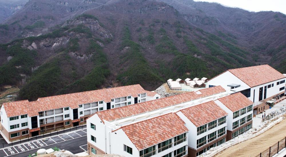 Milmo Resort Family Hotel في Muju: مجموعة مباني فيها جبال في الخلف