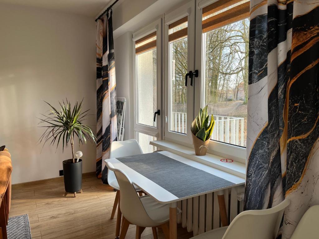 a dining room with a table and chairs and a window at Apartament Chrobry in Kętrzyn