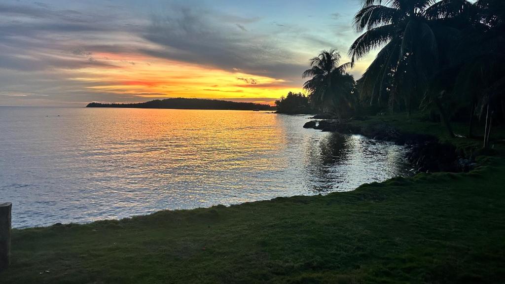 a sunset over a body of water with palm trees at Emerald Luxe Suites in Big Corn Island