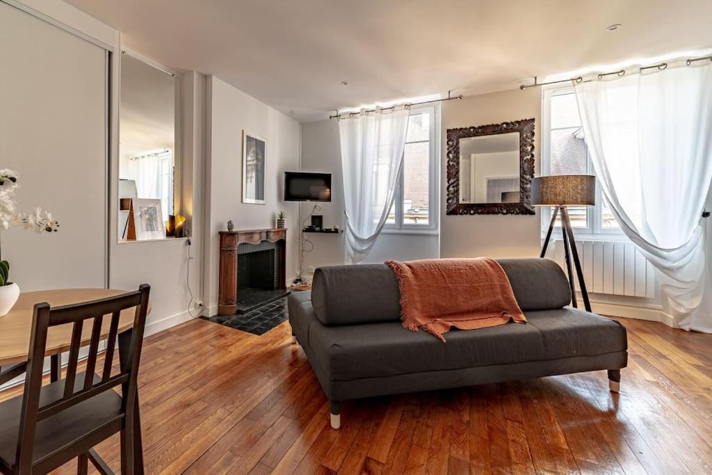 a living room with a couch and a table at La Petite Chouette, charmant et cosy T2 in Dijon