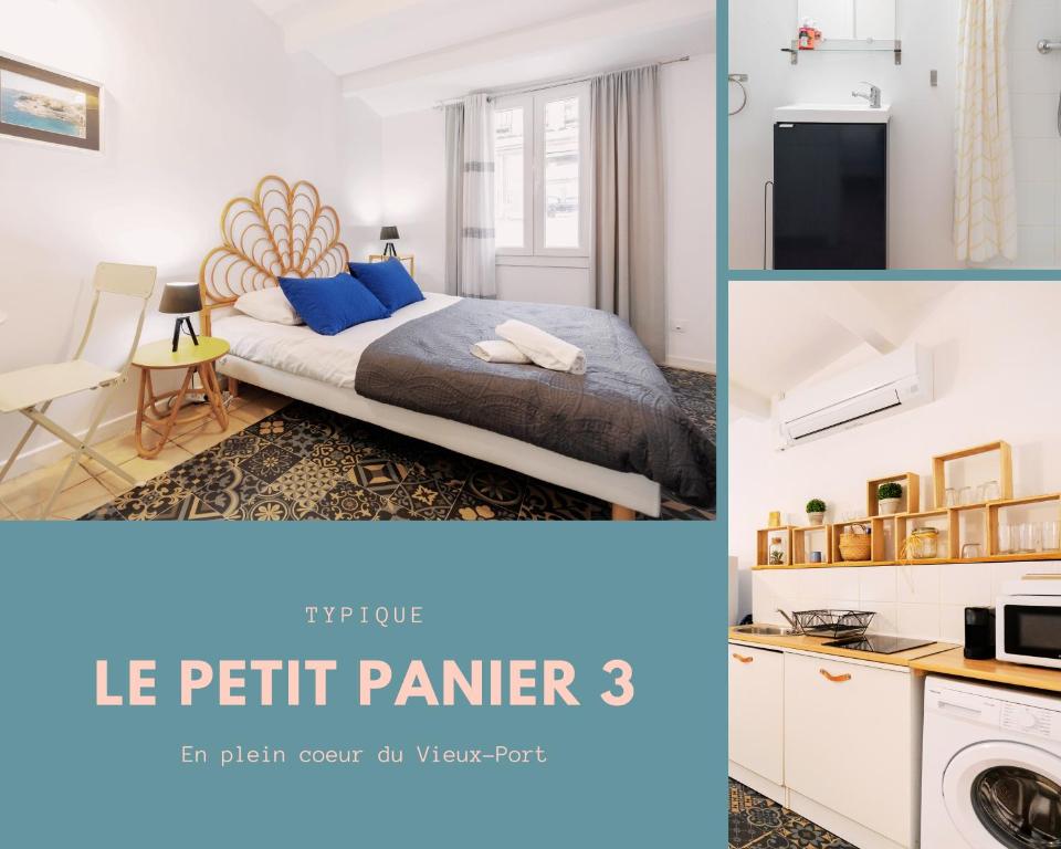 2 fotos de un dormitorio con cama y cocina en Le Petit Panier Studio 3 Clim Vieux-Port - MaisonMars, en Marsella