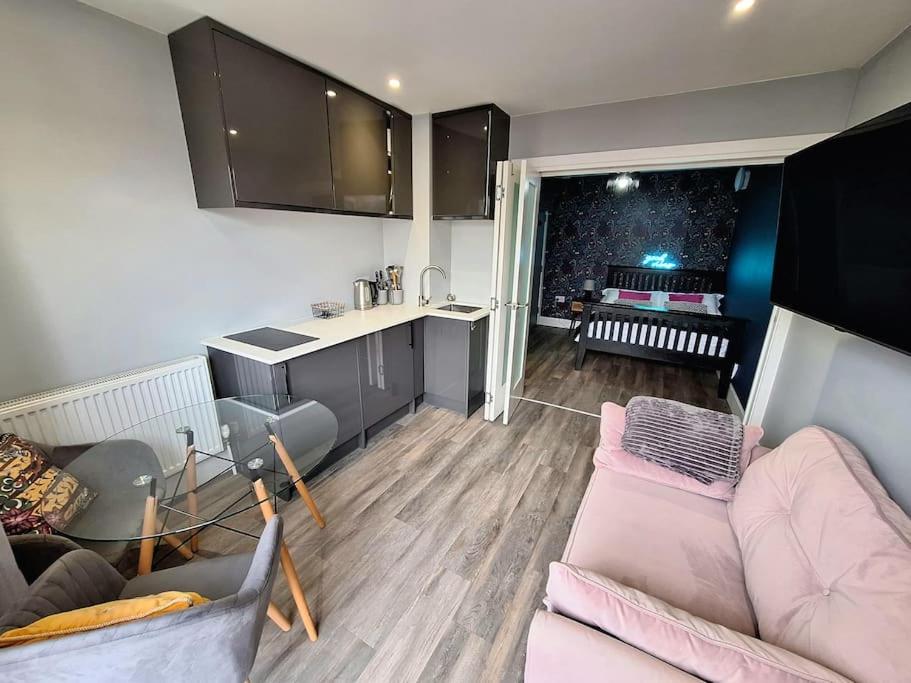 uma sala de estar com um sofá rosa e uma cozinha em Boutique Annexe Close To Central Norwich & Airport em Norwich
