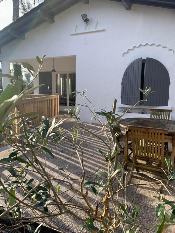 une terrasse avec une table en bois et des bancs dans un bâtiment dans l'établissement LA PHOCEENNE, à La Teste-de-Buch