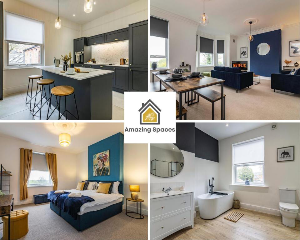 a collage of photos of a kitchen and a living room at Affordable luxurious 3 bedroom 3 bathroom house great for contractors and large groups within 1 mile to City Centre with free parking in Nottingham