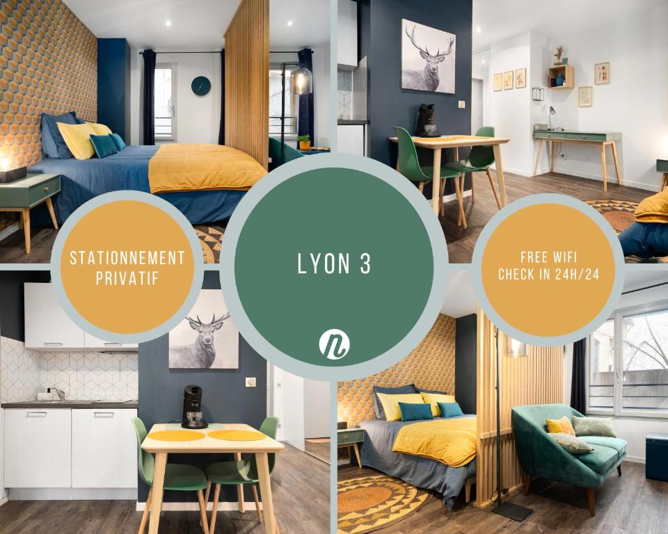 a collage of photos of a bedroom and a living room at Studio cosy avec parking in Lyon