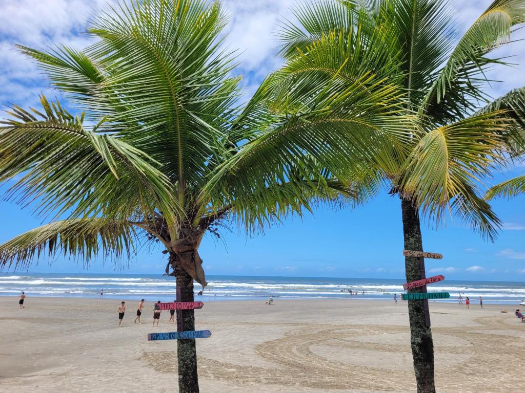 two palm trees on a beach with people on the beach at Apto completo - Solemar/PG in Praia Grande