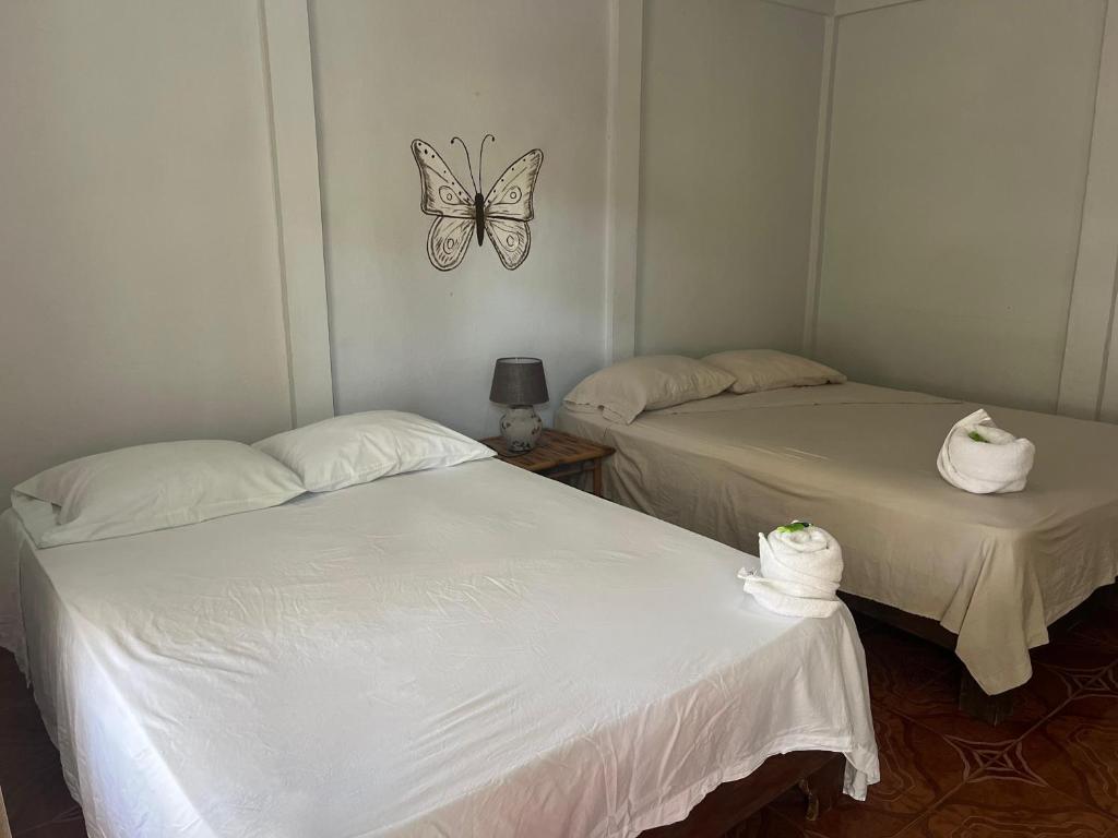- 2 lits dans une chambre avec un papillon sur le mur dans l'établissement Cabinas Bahía Uvita - Marino Ballena National Park Lodge, à Uvita