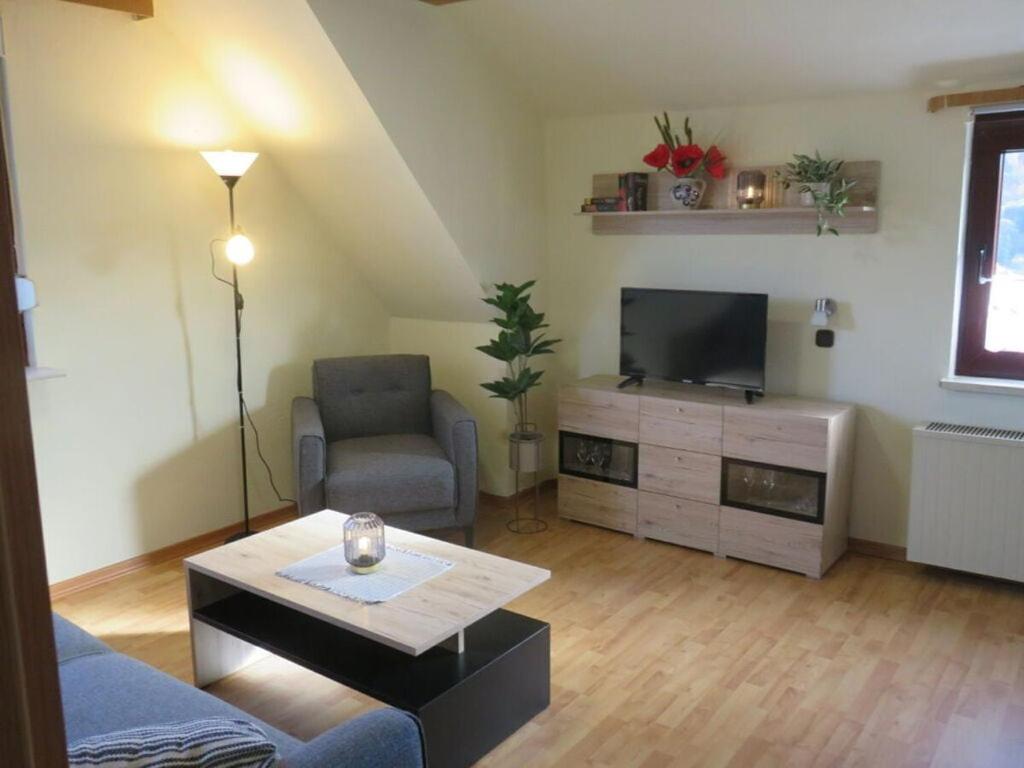 een woonkamer met een bank en een tv bij Holiday apartment dream view in Kleinern