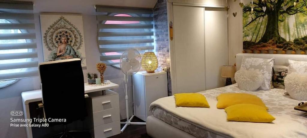 a bedroom with a bed with yellow pillows at Péniche Morgane 2 chambre d'hôtes in Cambrai