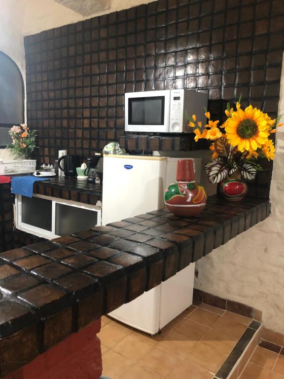 y cocina con encimera, microondas y nevera. en Suit Junior Emano 410 en Ixtapa
