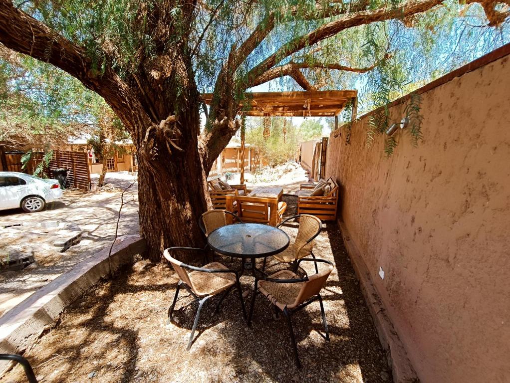 un tavolo e delle sedie sotto un albero di Lascar 31 a San Pedro de Atacama