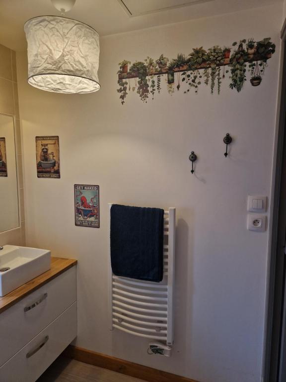 a bathroom with a towel hanging on the wall at Chez Aurélie et Bruno in Montceau-les-Mines