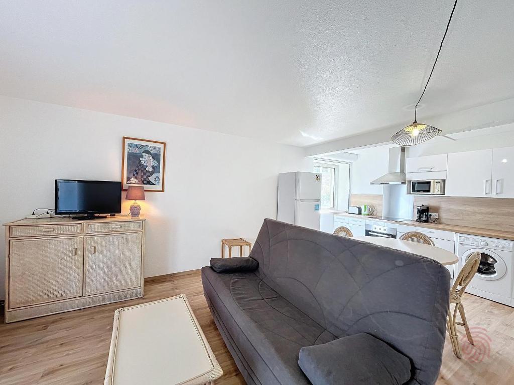 un salon avec un canapé et une cuisine dans l'établissement Charmant F2 avec Terrasse, Proche Thermes et Centre-Ville - Animaux Bienvenus, Wifi Inclus - FR-1-451-205, à Lamalou-les-Bains