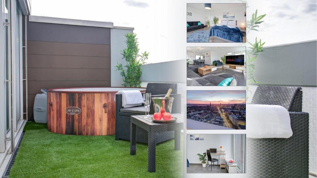 un collage de fotos de una sala de estar con césped verde en Das Penthouse - Jacuzzi - BBQ - Dachterrasse en Karlsruhe