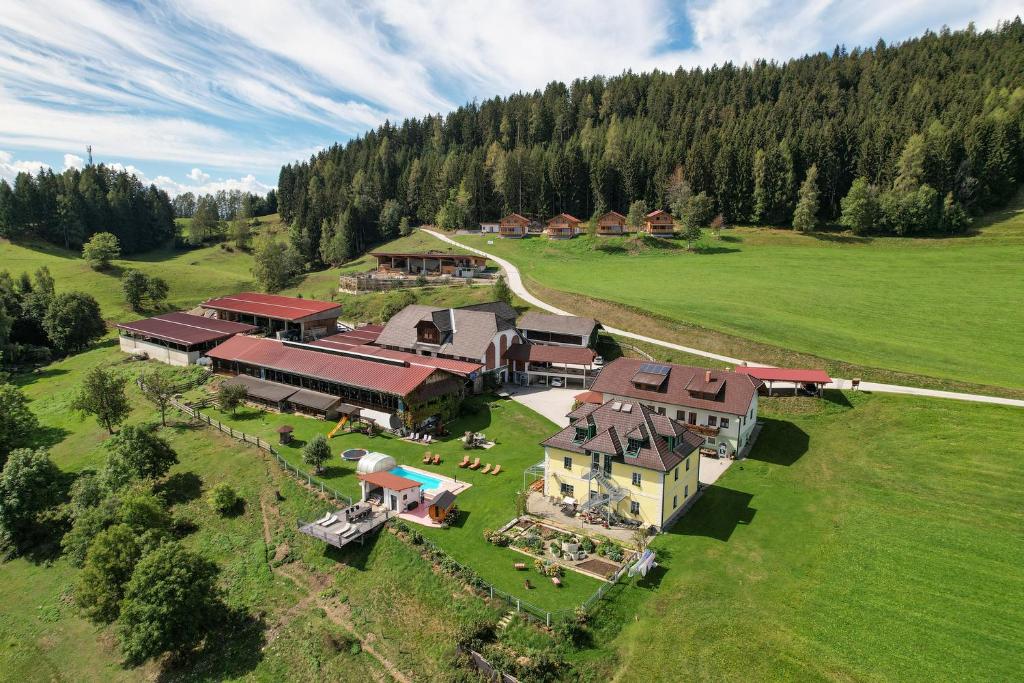 eine Luftansicht eines großen Hauses auf einem Feld in der Unterkunft ERLEBNISBAUERNHOF Steinerhof in Kärnten in Liebenfels