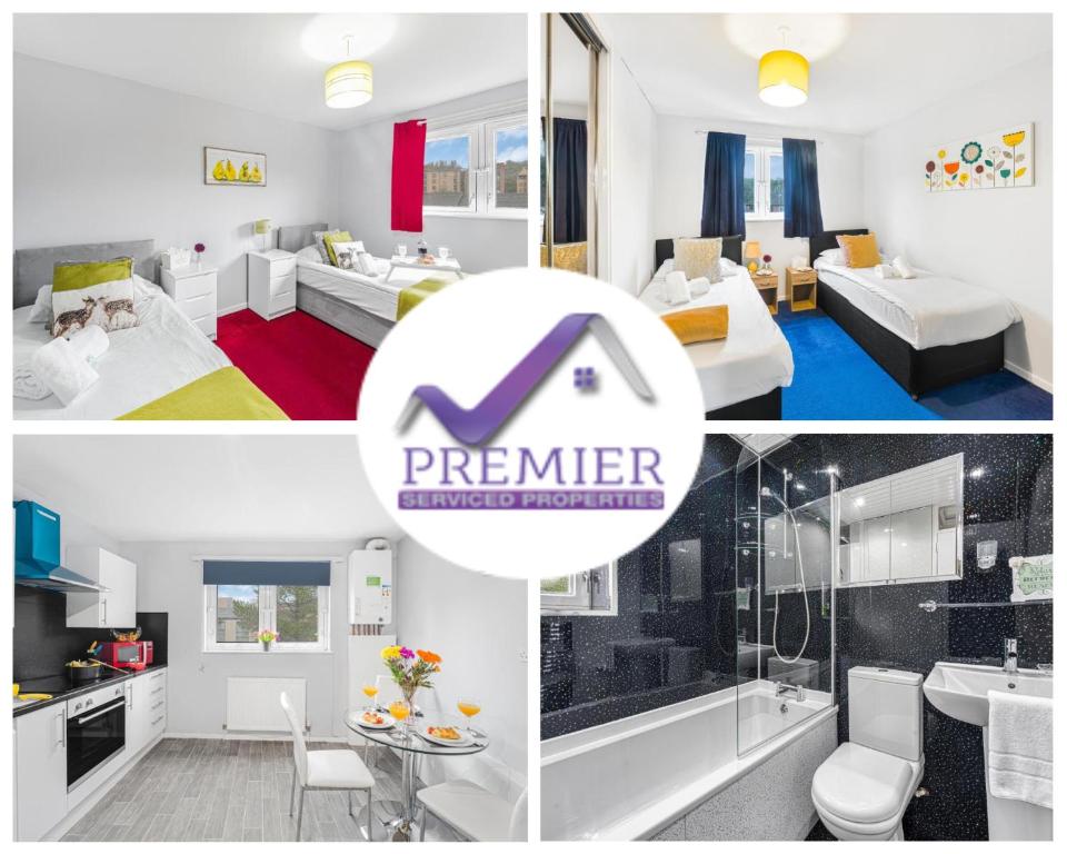 een collage van foto's van een hotelkamer bij Premier - Maryhill Apartment in Glasgow