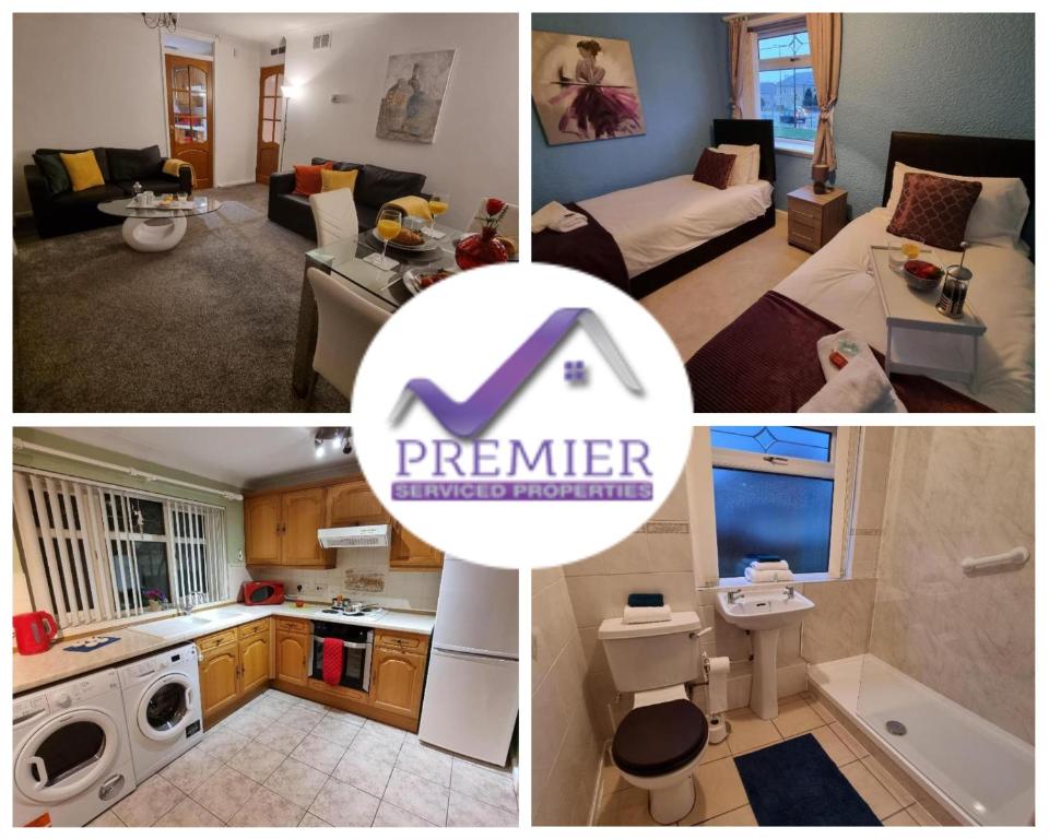 a collage of pictures of a kitchen and a living room at PREMIER - Whifflet Apartment in Coatbridge