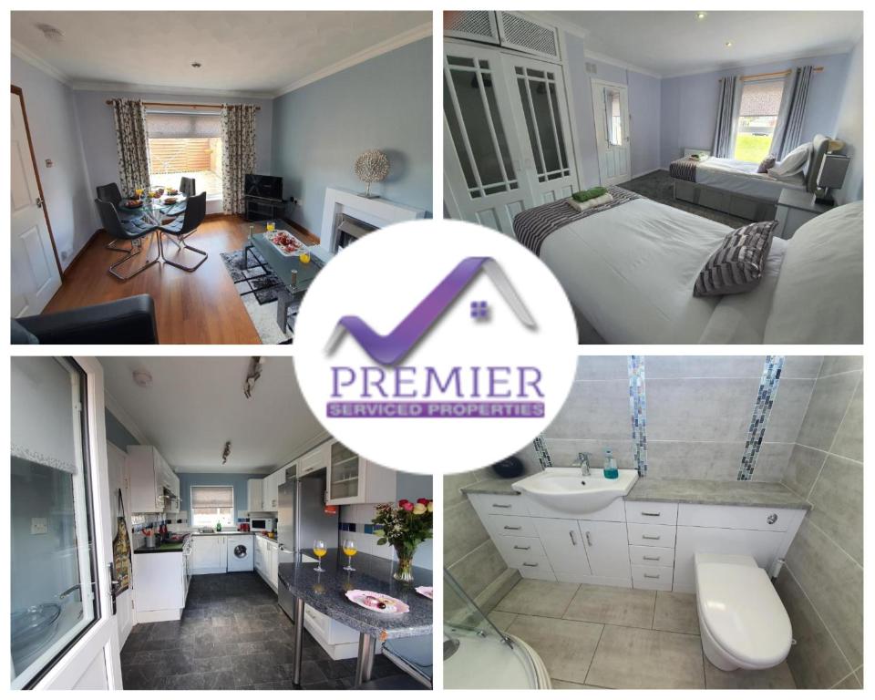 a collage of four pictures of a bedroom and a bathroom at PREMIER - Kenilworth House in Holytown