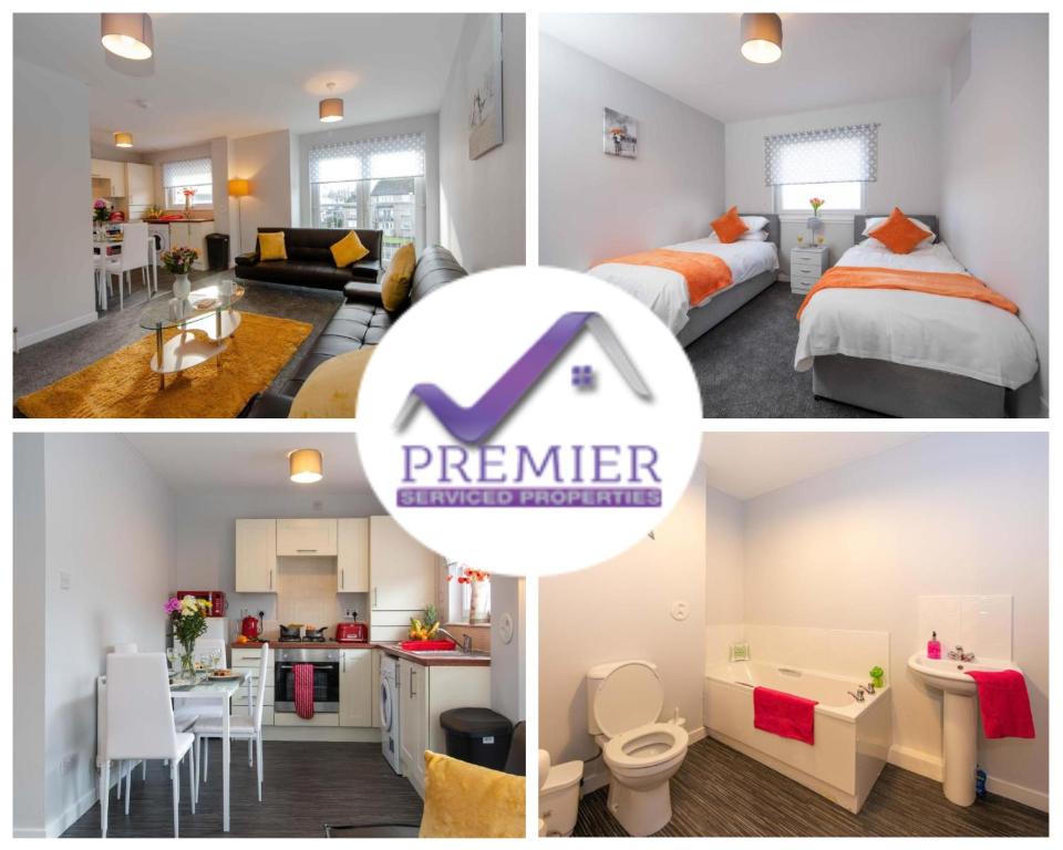 un collage de tres fotos de un dormitorio y una sala de estar en PREMIER - Wishaw En-Suite Apartment, en Wishaw