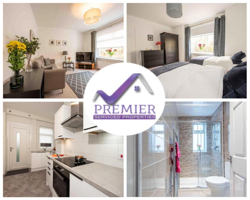 a collage of photos of a bedroom and a living room at PREMIER - Dalziel Apartment in Hamilton