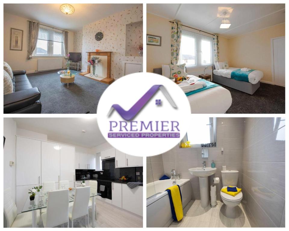 a collage of three pictures of a bedroom and a bathroom at PREMIER - Garfield Apartment in Bellshill