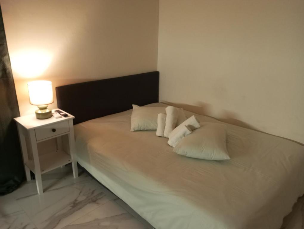 a bed with two pillows and a night stand with a lamp at Nikou Nikolaou Apartment in Serres