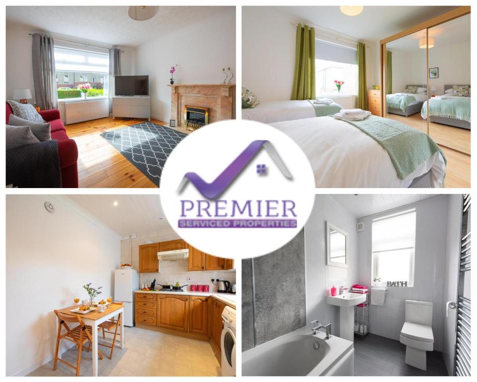 un collage de fotos de un dormitorio y un baño en PREMIER - Ashgrove Apartment, en Coatbridge