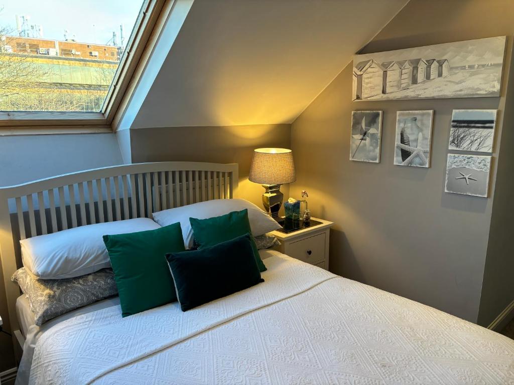 a bedroom with a bed with green pillows and a window at Blackrock B&B in Dublin