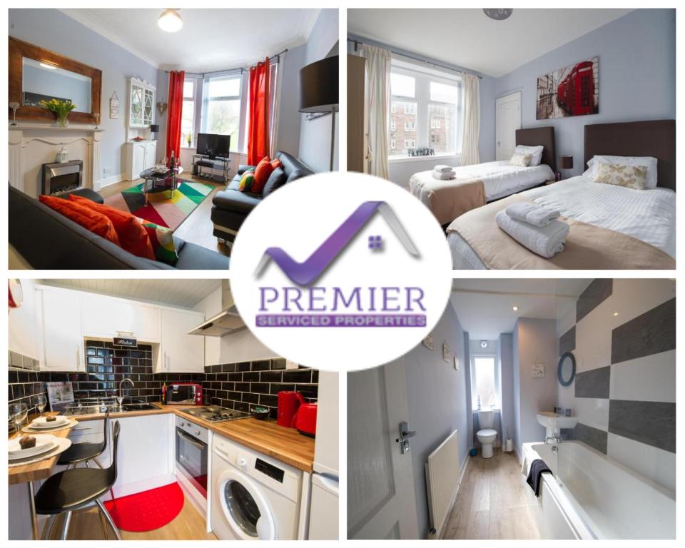 a collage of pictures of a bedroom and a bathroom at PREMIER - Crathie View Apartment in Glasgow