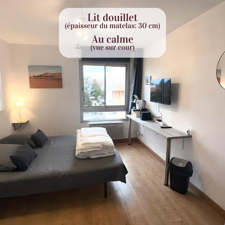 Cette chambre comprend un lit et un bureau. dans l'établissement Studio Paisible Cœur de Paray-Le-Monial app 303, à Paray-le-Monial