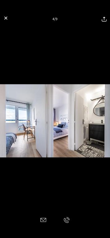 two pictures of a room with a bedroom and a bed at Superbe appartement Paris Sud: terrasse,parking in Évry-les-Châteaux
