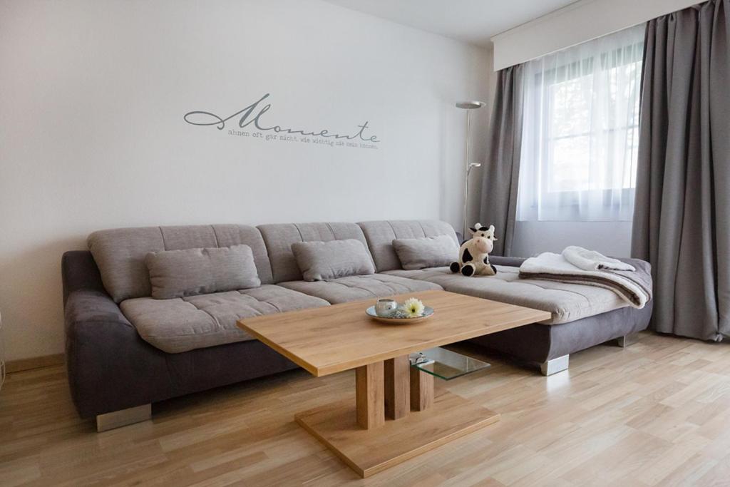 - un salon avec un canapé et une table basse dans l'établissement Ferienhaus Nr 4, Kategorie Premium L, Feriendorf Hochbergle, Allgäu, à Bichel