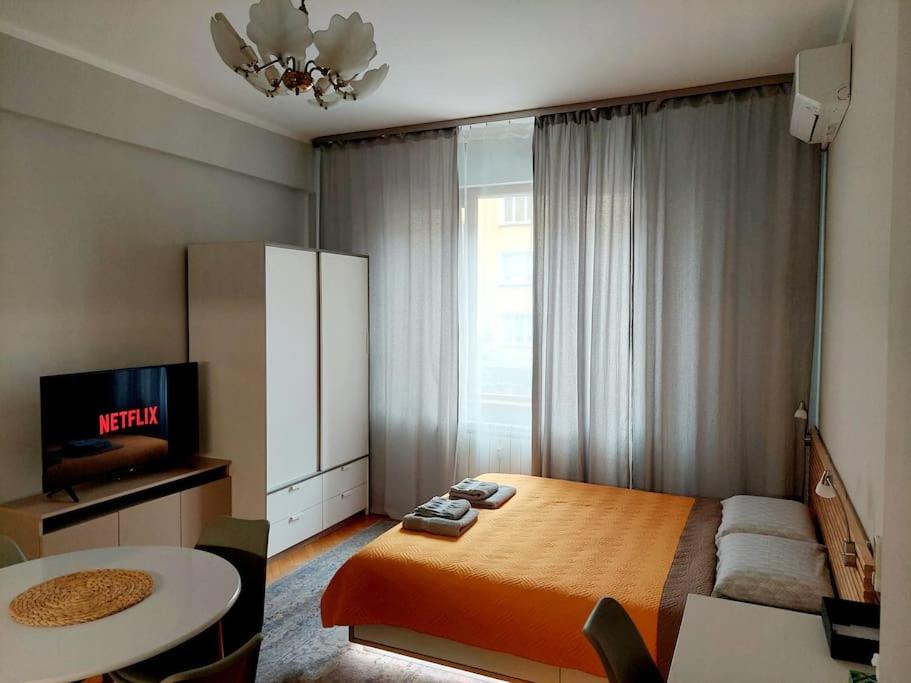 una camera da letto con un letto, una TV e un tavolo di Studio 72 a Sofia