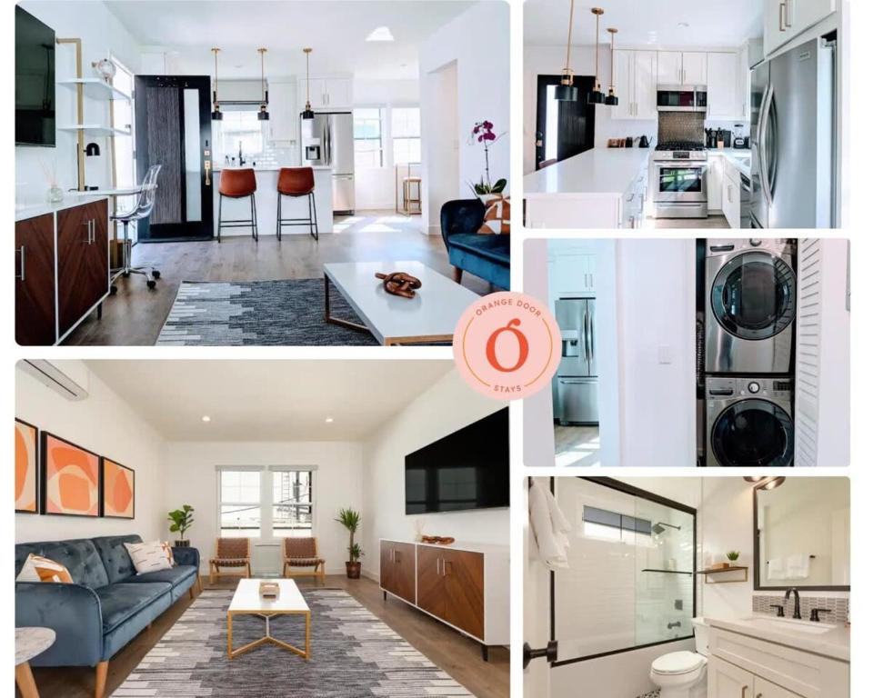 a collage of photos of a kitchen and a living room at Downtown Culver City New Designer Lux 1 Bedroom in Los Angeles