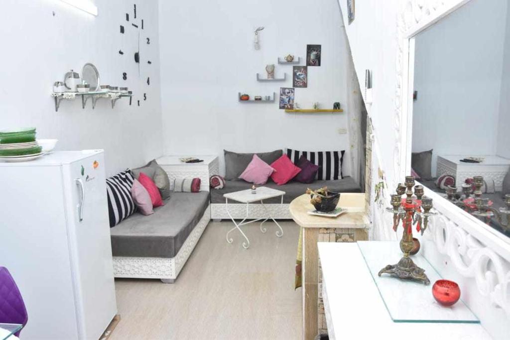 een woonkamer met een grijze bank en roze kussens bij Dar Sobrina in Tozeur
