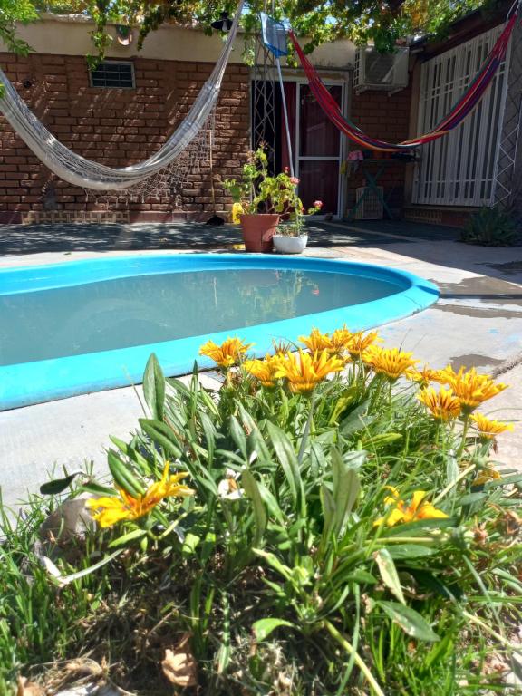a swimming pool with flowers in front of a house at Entre Bodegas alojamiento in Maipú