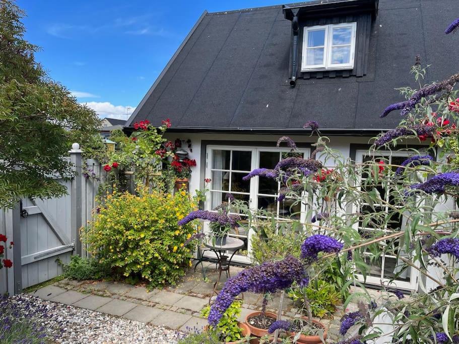 a garden with purple flowers in front of a house at Huset i gränden - granne med havet in Trelleborg