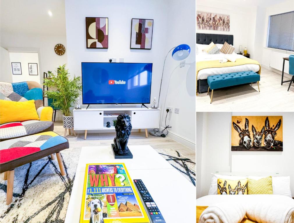 un collage de fotos de una sala de estar con TV en Fully Furnished 2 Bed Luxury Apartment with Free Parking,10 mins drive to Wembley Stadium, 5 mins drive to Brent Cross Shopping Mall & Free Parking onsite, en Golders Green