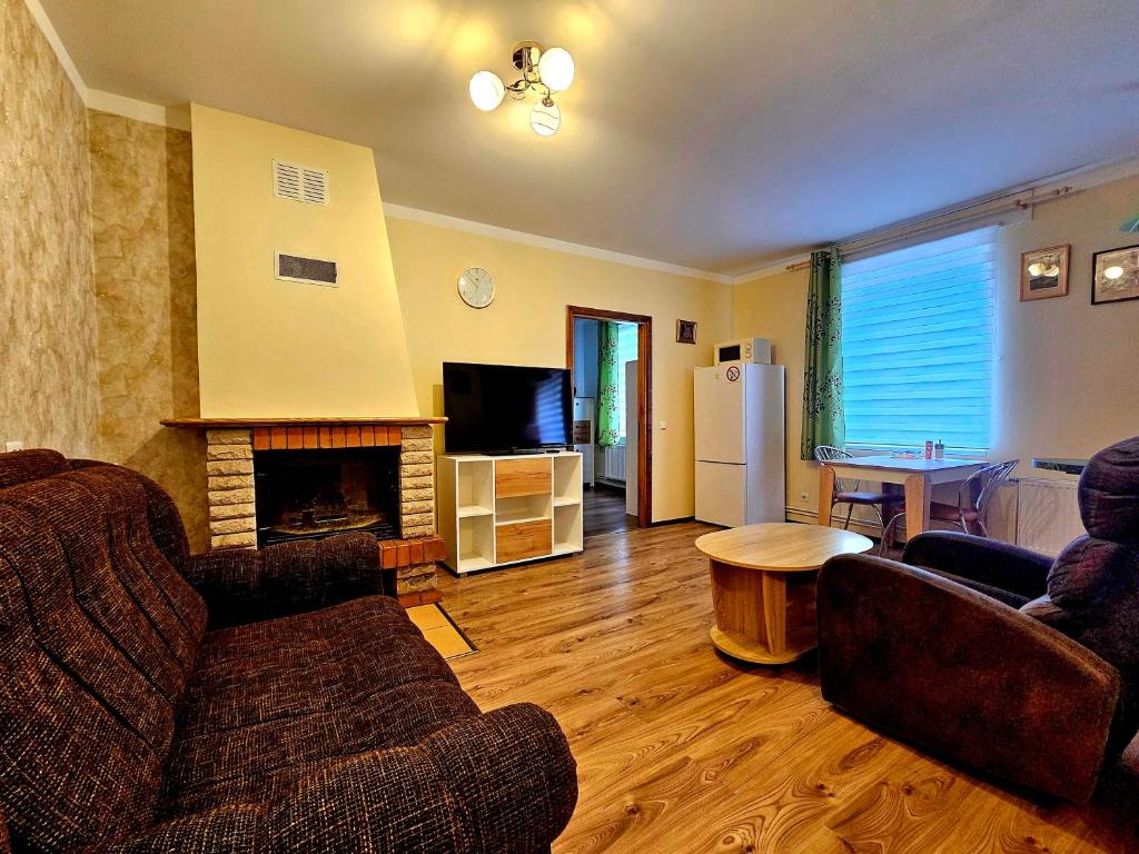 a living room with a couch and a fireplace at Apartment Hotel Rubini in Ventspils