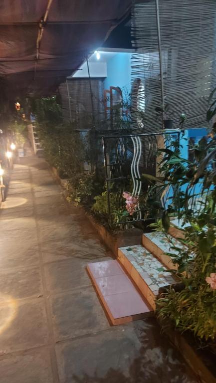 een tuin met planten en een loopbrug 's nachts bij Casa Baptista Guest House in Goa