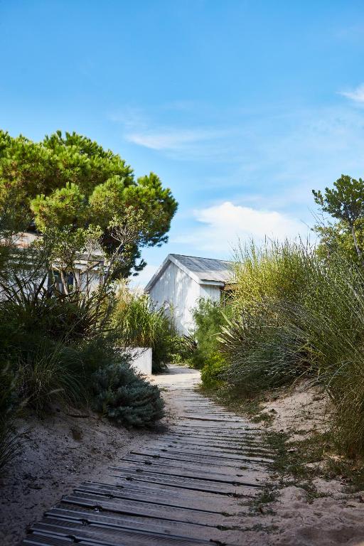 a wooden path leading to a house on the beach at Le Phare in Les Portes