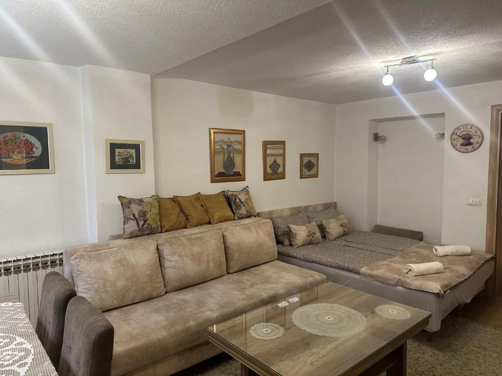 ein Wohnzimmer mit Sofa und Couchtisch in der Unterkunft Apartment Sky in Visoko