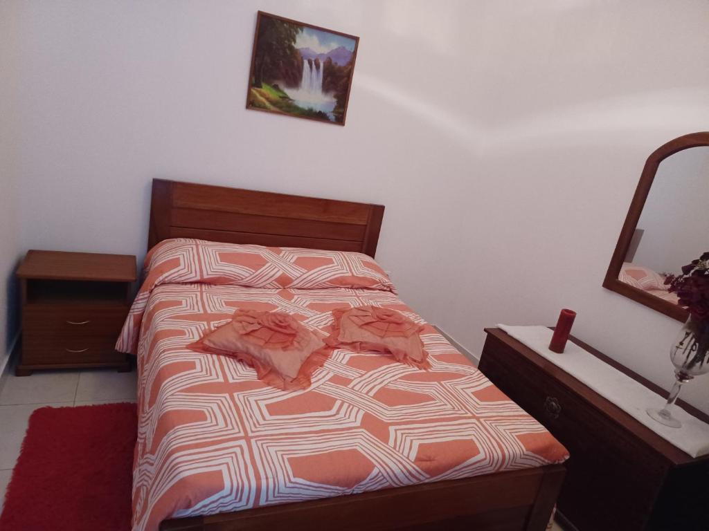 a bedroom with a bed with a dresser and a mirror at Repousando in Mão para Trás