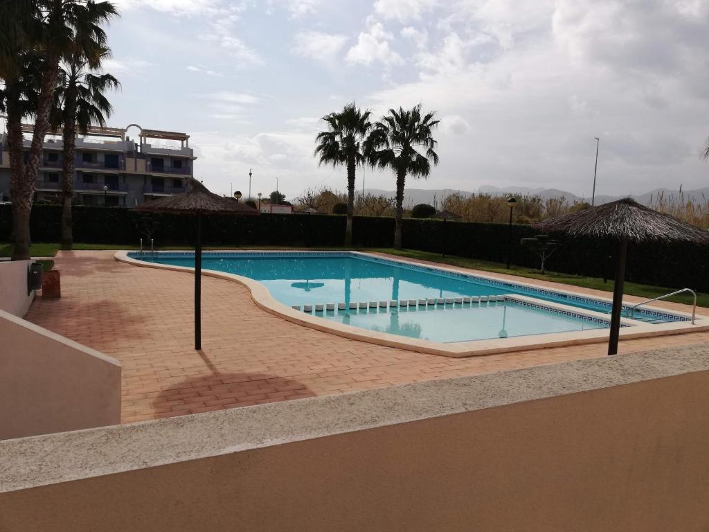 a swimming pool in a resort with palm trees at Las Terrazas Solo Familias Serviplaya in Playa de Xeraco