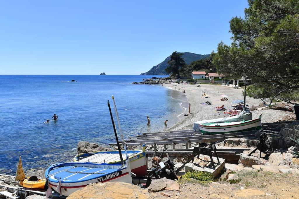 une plage avec des bateaux et des gens dans l'eau dans l'établissement Appartement T3 près de la mer, à La Seyne-sur-Mer