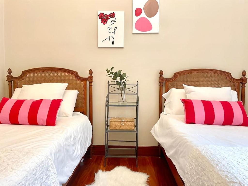 2 camas con almohadas rojas y blancas en una habitación en Casa PilarCasco Viejo Wifi, en Bilbao
